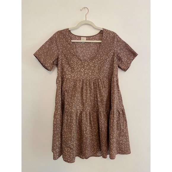 A New Day Women’s Tiered Short-Sleeve Dress Brown Leopard Print Cotton Size S - Picture 1 of 6